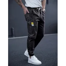 Erkek Casual Jogger Kot Pantolon Pamuk Karışımı Lastik Bel Cropped Pantolon ile Drawstring, Düz Renk Orta Gerilim Kumaş