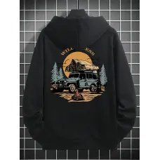 Vintage Araba Baskılı Büyük Boy Bej Kapüşonlu Sweatshirt