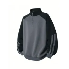  Günlük Renk Bloklu Çizgili Yarım Fermuarlı Kapüşonlu Sweatshirt 