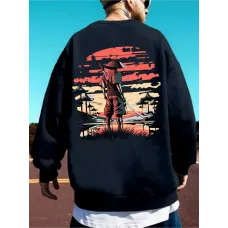 Günlük Samurai Günbatımı Baskılı Polar Hoodie