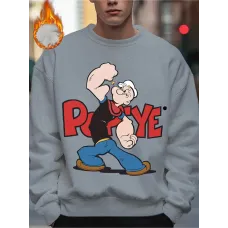 Popeye Baskılı Erkek Pamuk Karışımı Crew Boyunlu Sweatshirt, Casual Uzun Kollu Üst, Hafif Esnek Dokuma Kumaş, Normal Beden - %53 Pamuk, %47 Polyester