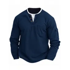 Bahar ve Sonbahar Yeni Erkeklerin Şık Spor Çok Cepli Basit Rahat Sahte İki Parça Yuvarlak Yaka Uzun Kollu Sweatshirt.