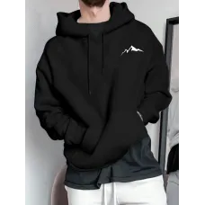 Keskin Stil, Erkekler için Parlak Sarı Dağ Baskılı Polar Astarlı Kapüşonlu Sweatshirt