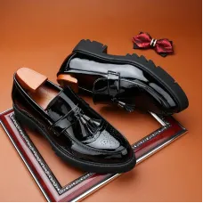 Erkek Parlak Siyah Oxfords Tassel Detay