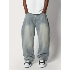 1 adet Erkek Retro Distressed Jean, %65 Pamuk %35 Polyester, Esnek Olmayan Kumaş, Tüm Mevsimlik Düz Renk, Bol Beden, Düzenli Uzunluk, Fermuarlı, Casual Sokak Stili