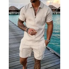 Erkekler için Tropikal Baskılı Günlük Kıyafet Seti - Kısa Kollu Fermuarlı Gömlek & Siyah Renkte Beyaz Vurgulu Şort, Polyester, Makinede Yıkanabilir
