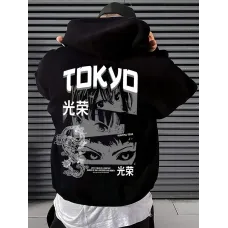 Erkek Sonbahar ve Kış Karikatür Harf Baskılı Kapüşonlu Sweatshirt