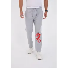 Kışlık Üç İplik Baskılı Eşofman Pantolon - Gri